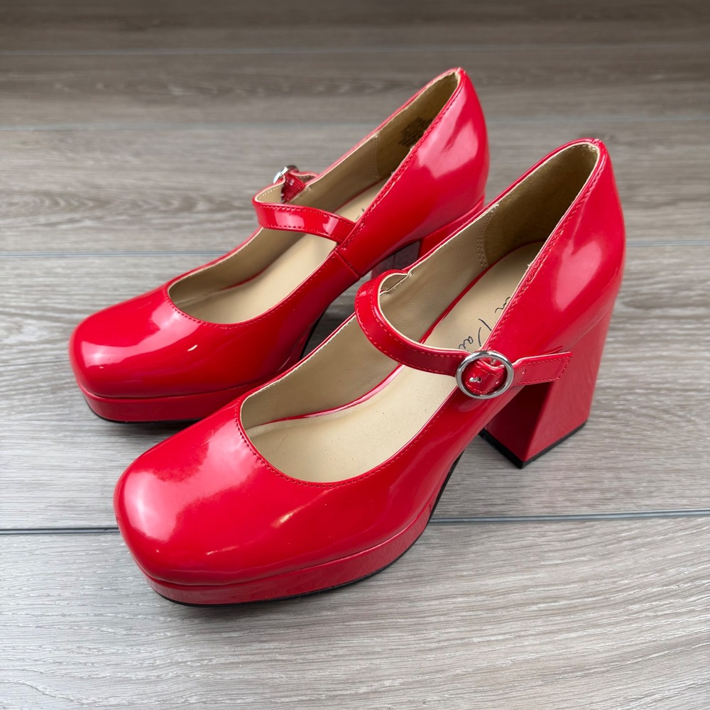 Wild Pair Women Mary Jane Platform Block Heel Vaneciaa Red Patent 7M